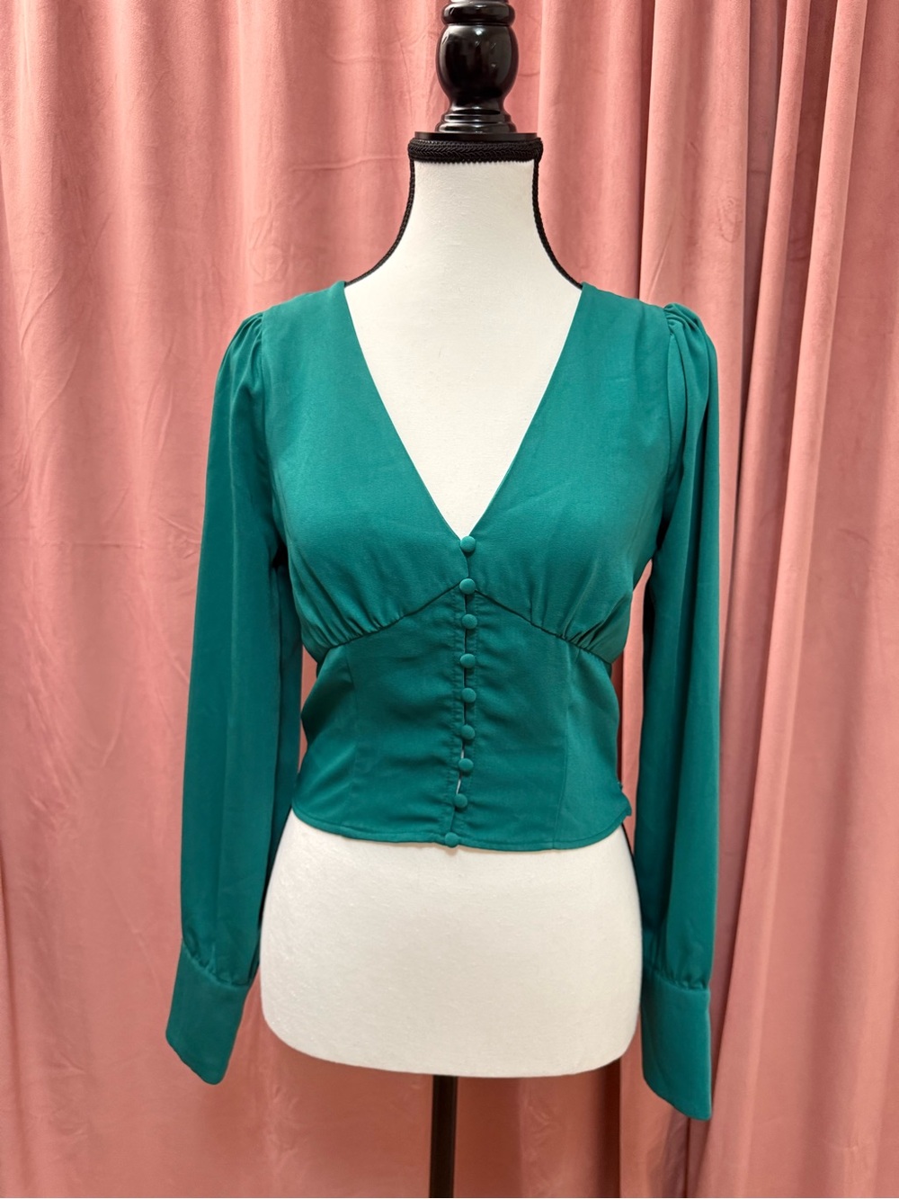 V-Neck Long Sleeve Button Front Top in Teal